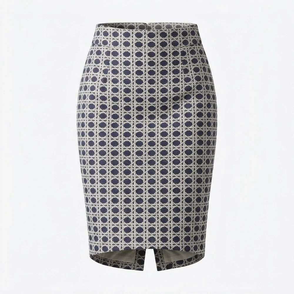 Banana Republic‎ Navy Blue Cream Cane Weave Geometric Pencil Skirt Size 0